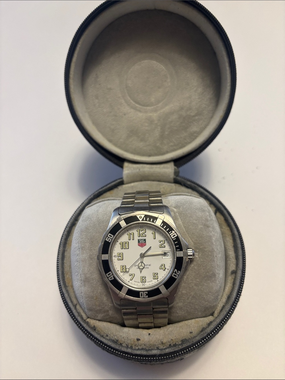 Tag Heuer Stainless Steel Watch with White Dial and Black Bezel